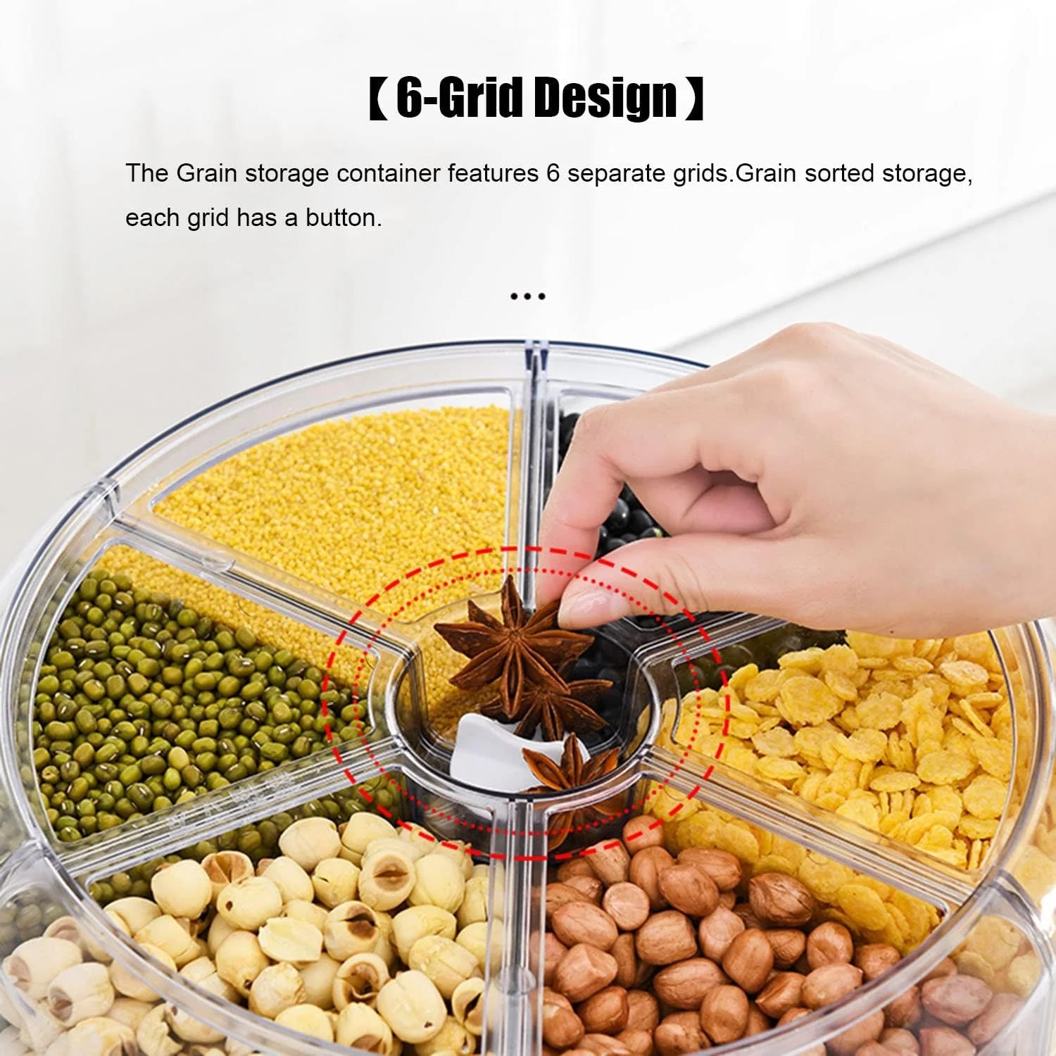product 20Lbs large Grain dispenser 360°Rotating Rice Food Dispenser 6 Grids rice container rotatable Beans Containers Storage with Sealed lid for Peanut Barley Millet and Cereal, As Is condition - View 5