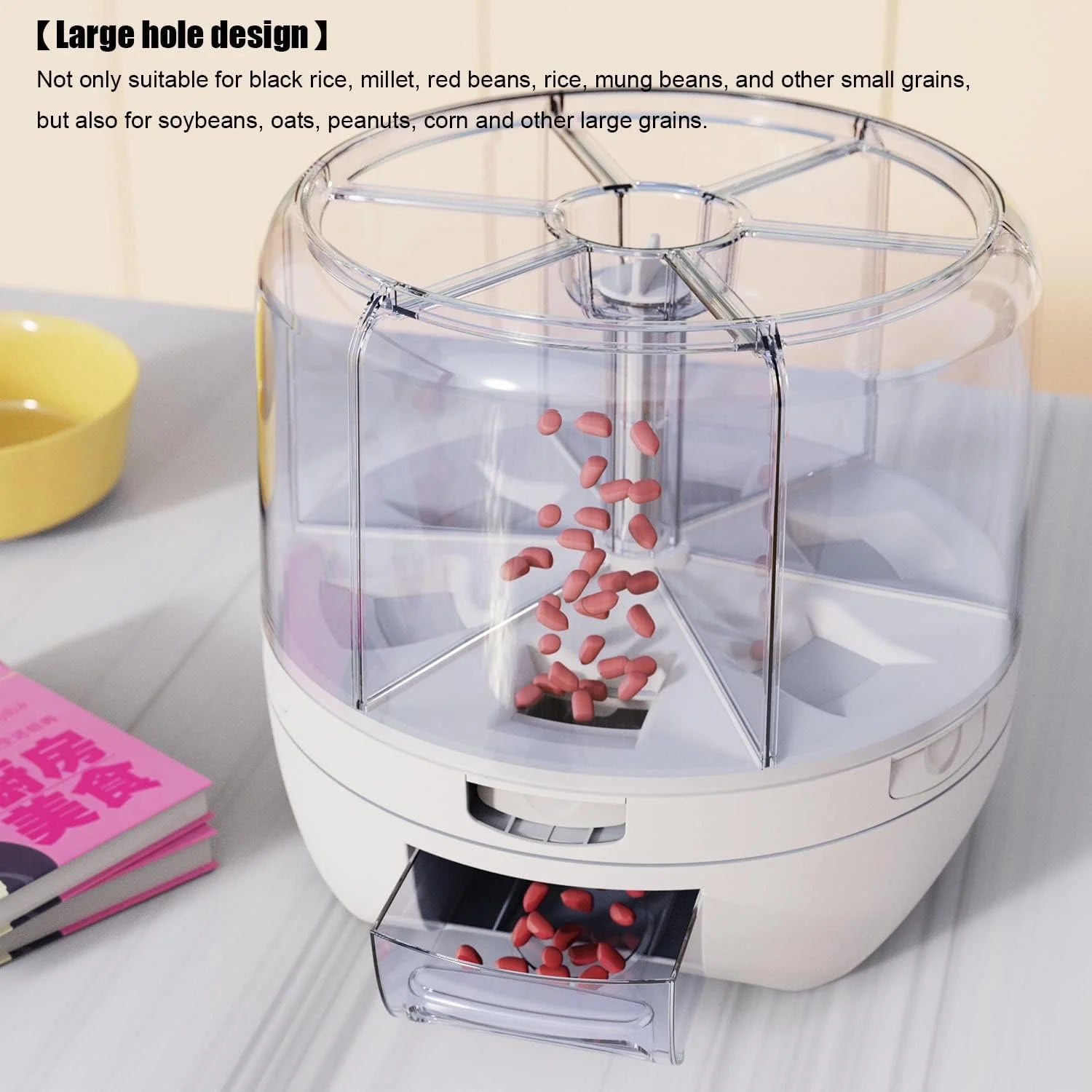 product 20Lbs large Grain dispenser 360°Rotating Rice Food Dispenser 6 Grids rice container rotatable Beans Containers Storage with Sealed lid for Peanut Barley Millet and Cereal, As Is condition - View 6