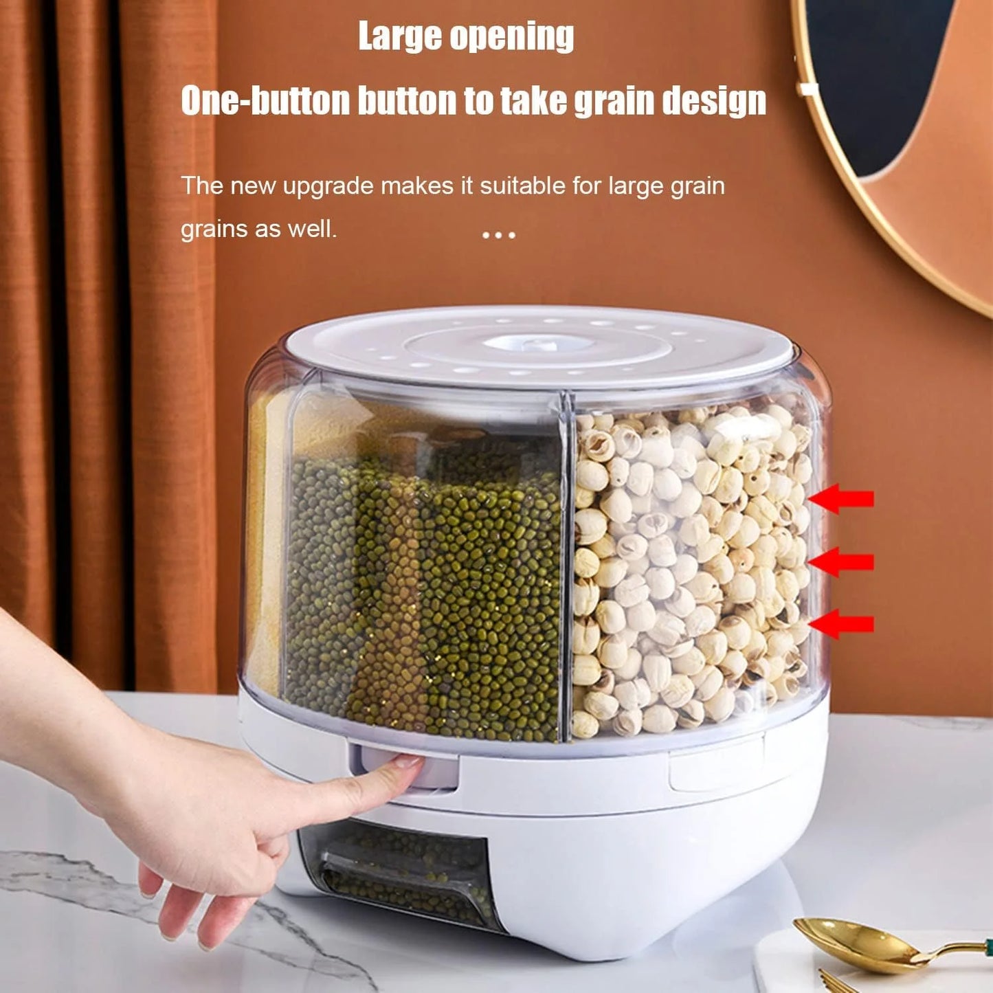 product 20Lbs large Grain dispenser 360°Rotating Rice Food Dispenser 6 Grids rice container rotatable Beans Containers Storage with Sealed lid for Peanut Barley Millet and Cereal, As Is condition - View 7