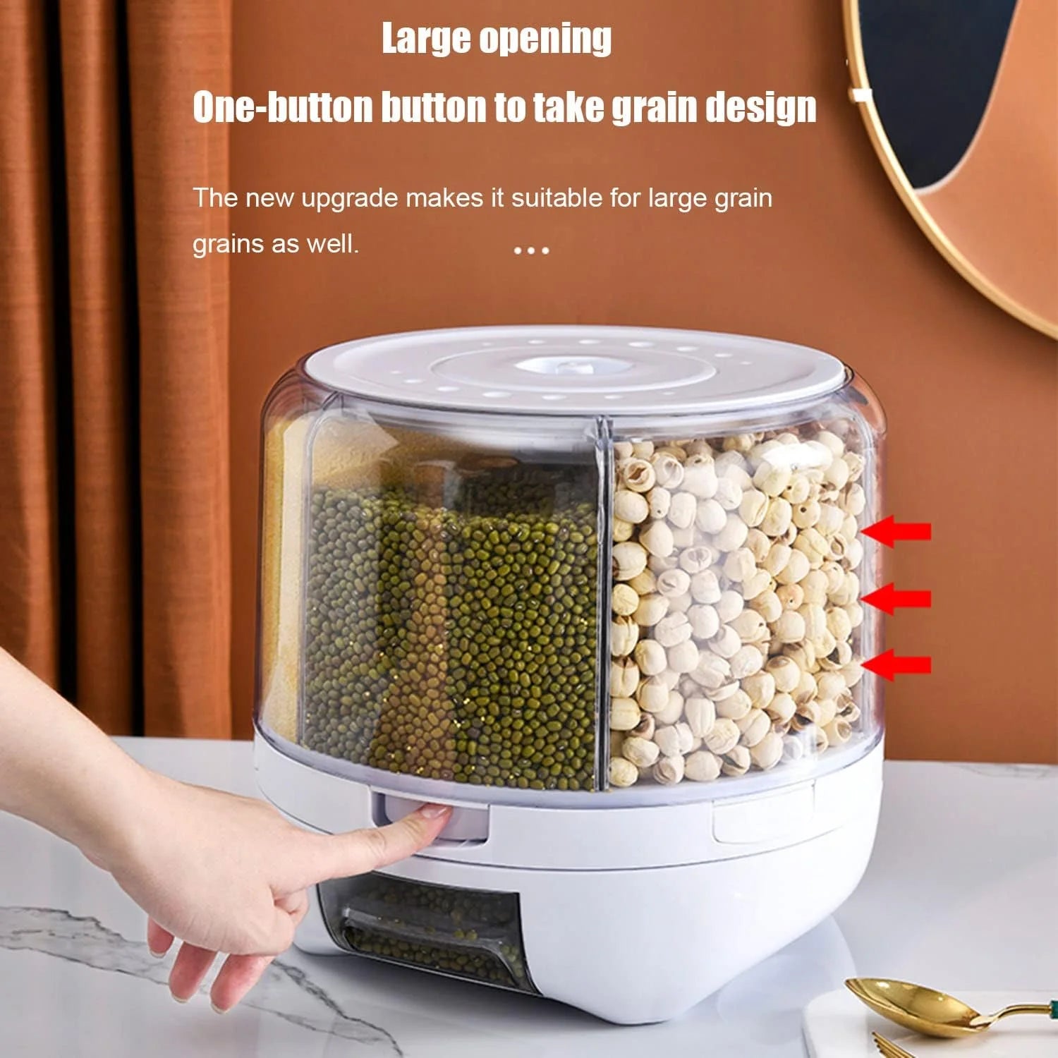 product 20Lbs large Grain dispenser 360°Rotating Rice Food Dispenser 6 Grids rice container rotatable Beans Containers Storage with Sealed lid for Peanut Barley Millet and Cereal, As Is condition - View 7