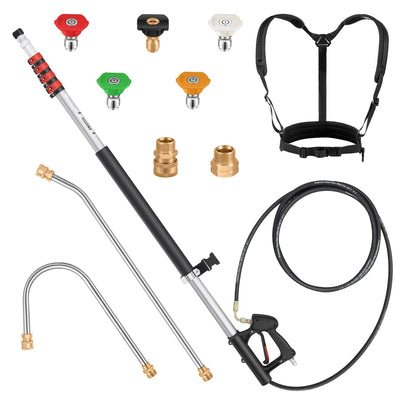 24 FT Gutter Cleaning Tools from The Ground - Telescoping Pressure Washer Wand - Gutter Cleaner Attachment with Power Washer Extension Wands, 5 Spray Nozzle Tips, 2 Hose Adapters and Support Belt
