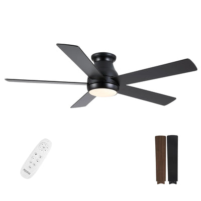 52 Inch Ceiling Fans with Lights and Remote, LED Flush Mount Black Ceiling Fan with Quiet DC Motor, Dimmable 6 Speeds Reversible Low Profile Modern Ceiling Fan for Bedroom, Living Room