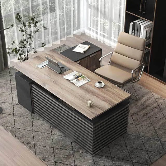 63" L Shaped Executive Standing Desk with File Cabinet - Light Walnut - View 1