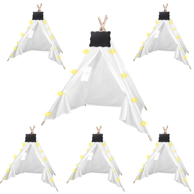 6pcs Teepee Tents Set with Markeable Small Blackboards and 10FT String Lights, Foldable Indoor Outdoor Play Teepee Tent for Girls & Boys, for Birthday Party Boho Sleepovers Party (White)