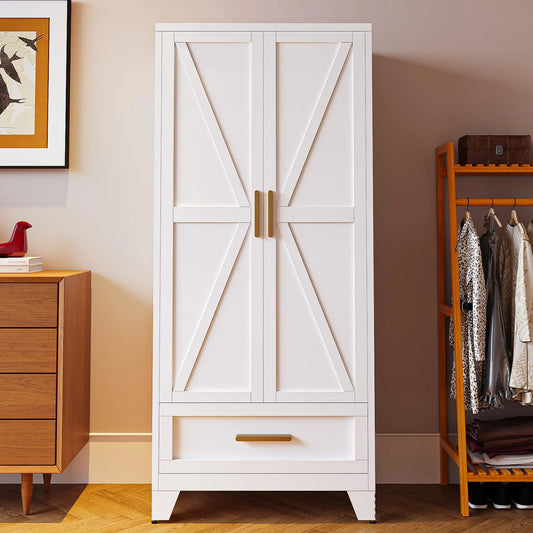 Farmhouse Metal Wardrobe Cabinet with Hanging Rod - White - View 1
