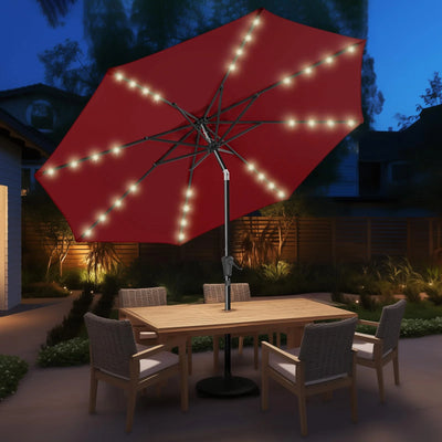 9ft Solar Patio Umbrella - Solar Lights LED Lighted Outdoor Market Table Umbrella, UPF50+ UV Protection with Push Button Tilt, Crank for Pool Deck and Garden (Burgundy Red)