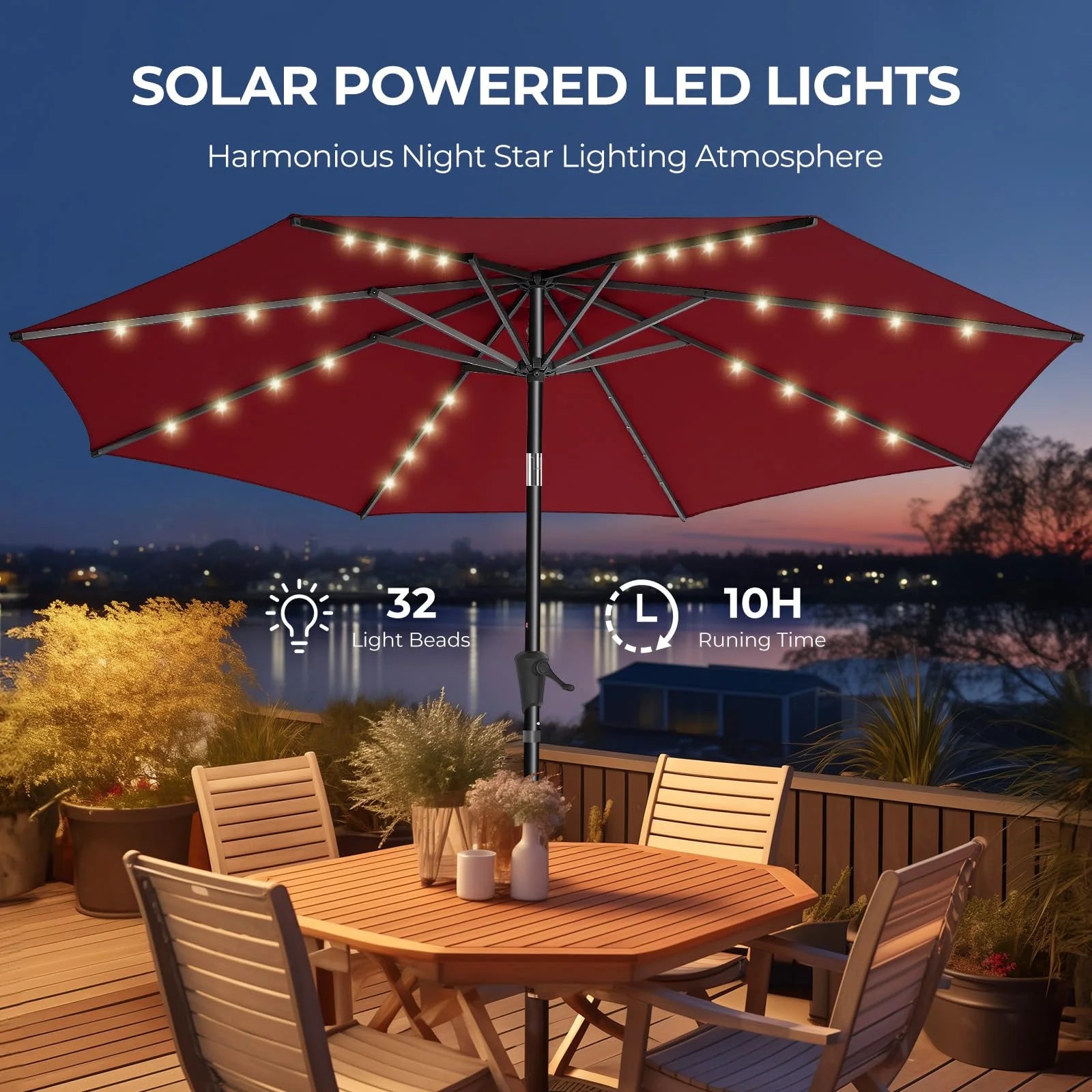 Burgundy Red Weather-resistant fabric 9ft Solar Patio Umbrella - Solar Lights LED Lighted Outdoor Market Table Umbrella, UPF50+ UV Protection with Push Button Tilt, Crank for Pool Deck and Garden (Burgundy Red), Good Condition condition - View 4