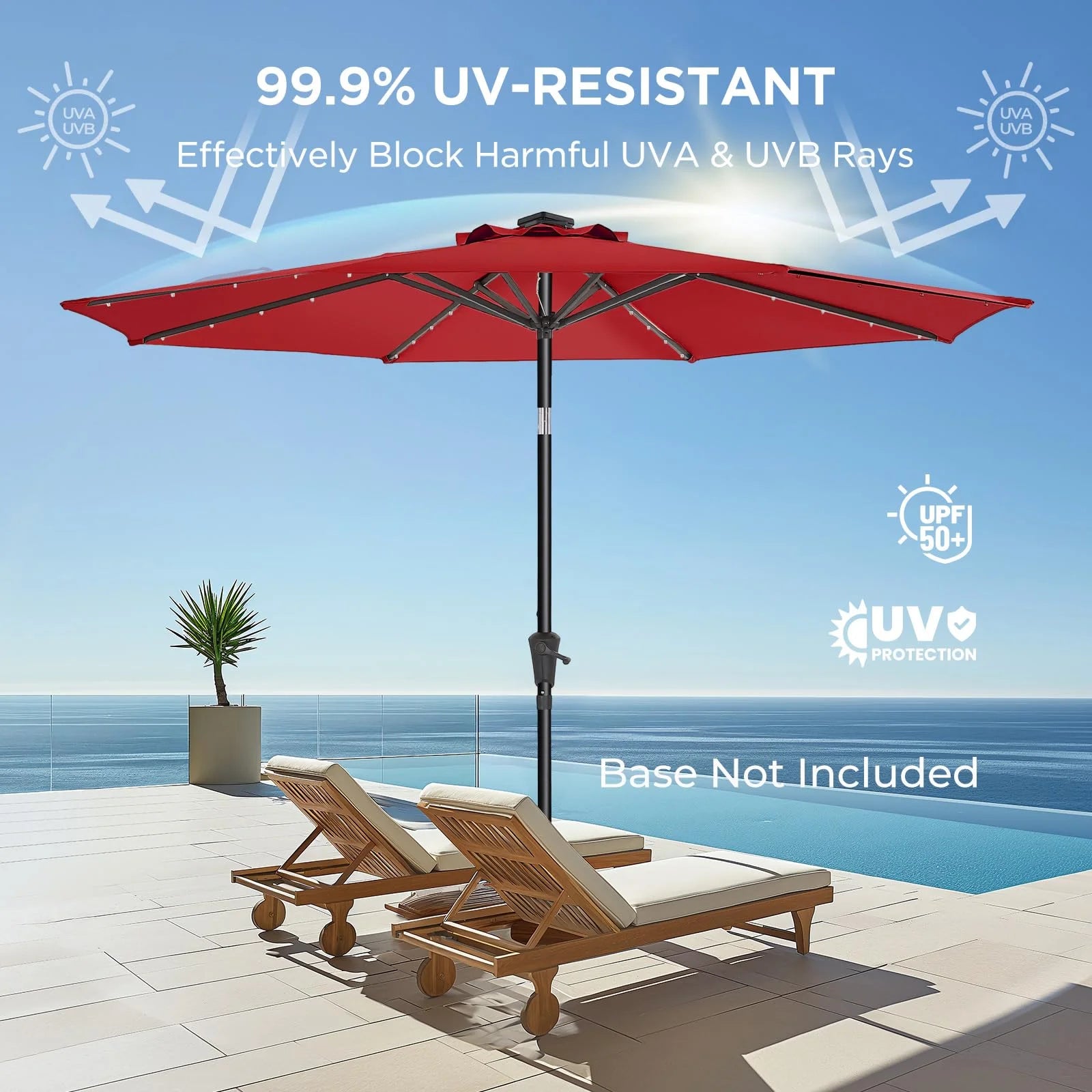 Burgundy Red Weather-resistant fabric 9ft Solar Patio Umbrella - Solar Lights LED Lighted Outdoor Market Table Umbrella, UPF50+ UV Protection with Push Button Tilt, Crank for Pool Deck and Garden (Burgundy Red), Good Condition condition - View 5