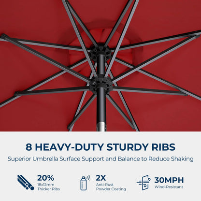 Burgundy Red Weather-resistant fabric 9ft Solar Patio Umbrella - Solar Lights LED Lighted Outdoor Market Table Umbrella, UPF50+ UV Protection with Push Button Tilt, Crank for Pool Deck and Garden (Burgundy Red), Good Condition condition - View 7
