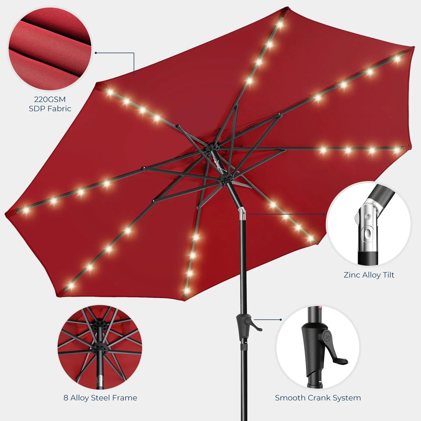 Burgundy Red Weather-resistant fabric 9ft Solar Patio Umbrella - Solar Lights LED Lighted Outdoor Market Table Umbrella, UPF50+ UV Protection with Push Button Tilt, Crank for Pool Deck and Garden (Burgundy Red), Good Condition condition - View 9