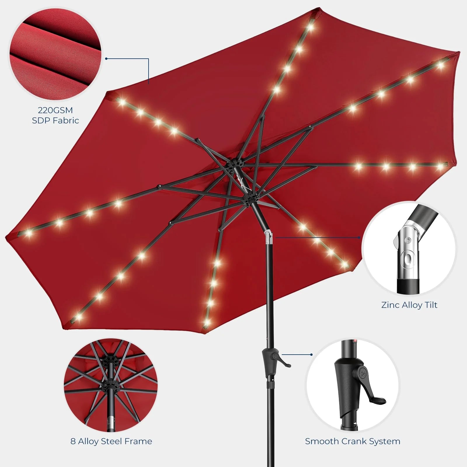 Burgundy Red Weather-resistant fabric 9ft Solar Patio Umbrella - Solar Lights LED Lighted Outdoor Market Table Umbrella, UPF50+ UV Protection with Push Button Tilt, Crank for Pool Deck and Garden (Burgundy Red), Good Condition condition - View 9