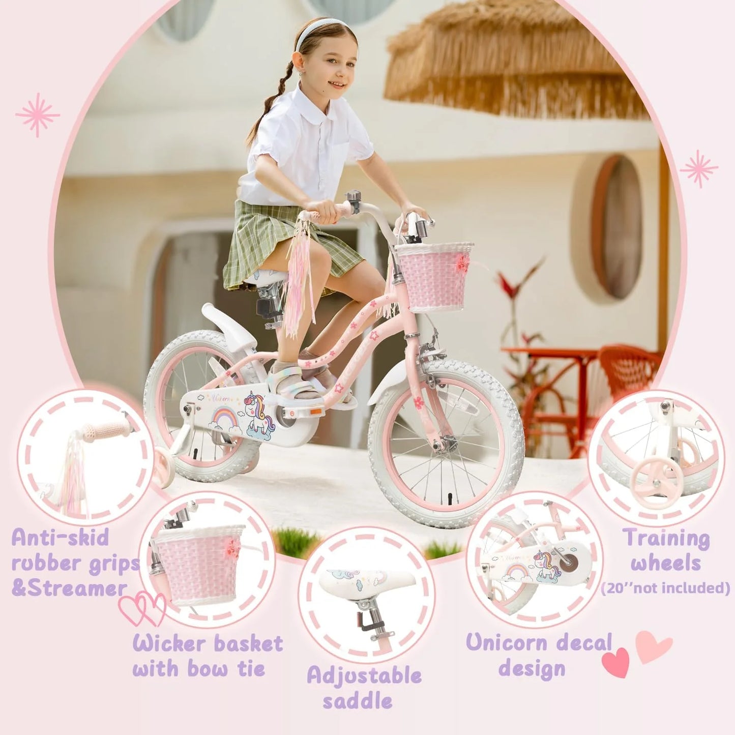 Multiple Sturdy Frame ACEGER Princess Style Girls Bike with Basket for 3-14 Years Old Kids and Toddlers, 14 16 18 Inch Bicycle for Children with Training Wheels and Streamers, 20 Inch with Kickstand, Multiple Colors, Brand New condition - View 4