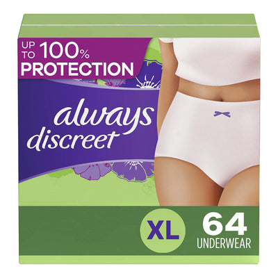 Always Discreet Adult Incontinence Underwear for Women and Postpartum Underwear, XL, 64 CT, up to 100% Bladder Leak Protection