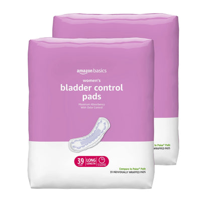 Amazon Basics Incontinence, Bladder Control & Postpartum Pads for Women, Maximum Absorbency, Long Length, Unscented, 78 Count (2 Packs of 39) (Previously Solimo)