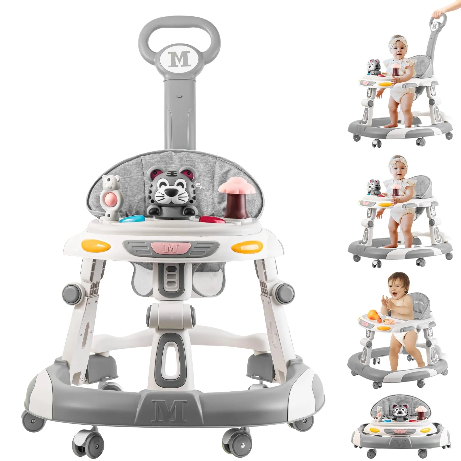 Grey Plastic, Metal Baby Walker, 4-in-1 Foldable Baby Walkers and Baby Activity Center with Toys Tray, 3-gear Height Adjustable Infant Toddler Baby Walker with Wheels for Baby Boys and Girls 6-24 Months (Grey), Brand New condition - View 1