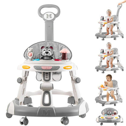 Grey Plastic, Metal Baby Walker, 4-in-1 Foldable Baby Walkers and Baby Activity Center with Toys Tray, 3-gear Height Adjustable Infant Toddler Baby Walker with Wheels for Baby Boys and Girls 6-24 Months (Grey), Brand New condition - View 1