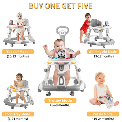Grey Plastic, Metal Baby Walker, 4-in-1 Foldable Baby Walkers and Baby Activity Center with Toys Tray, 3-gear Height Adjustable Infant Toddler Baby Walker with Wheels for Baby Boys and Girls 6-24 Months (Grey), Brand New condition - View 6