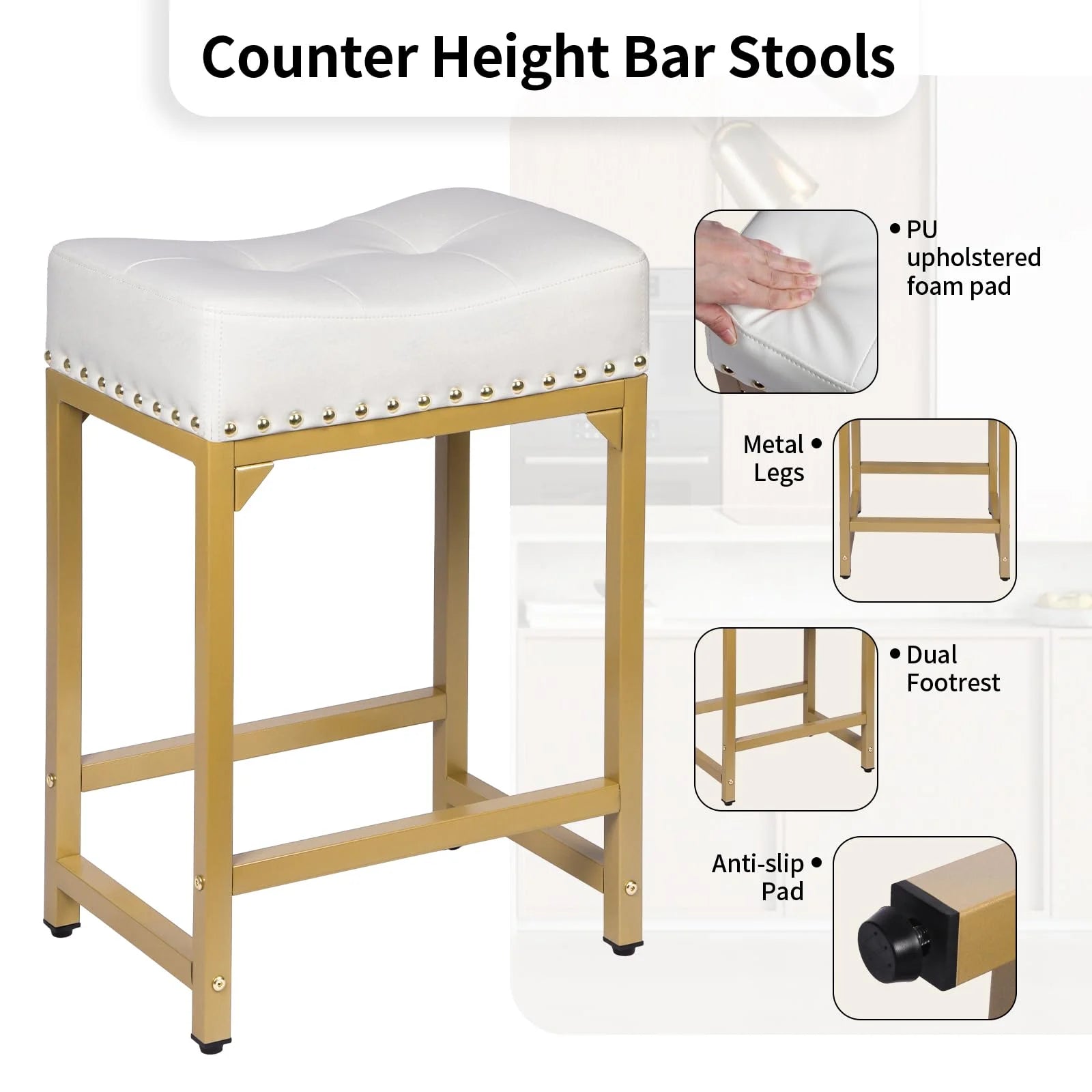 White & Gold N/A Bar Stools Set of 4 Counter Height, White & Gold, Good Condition condition - View 5