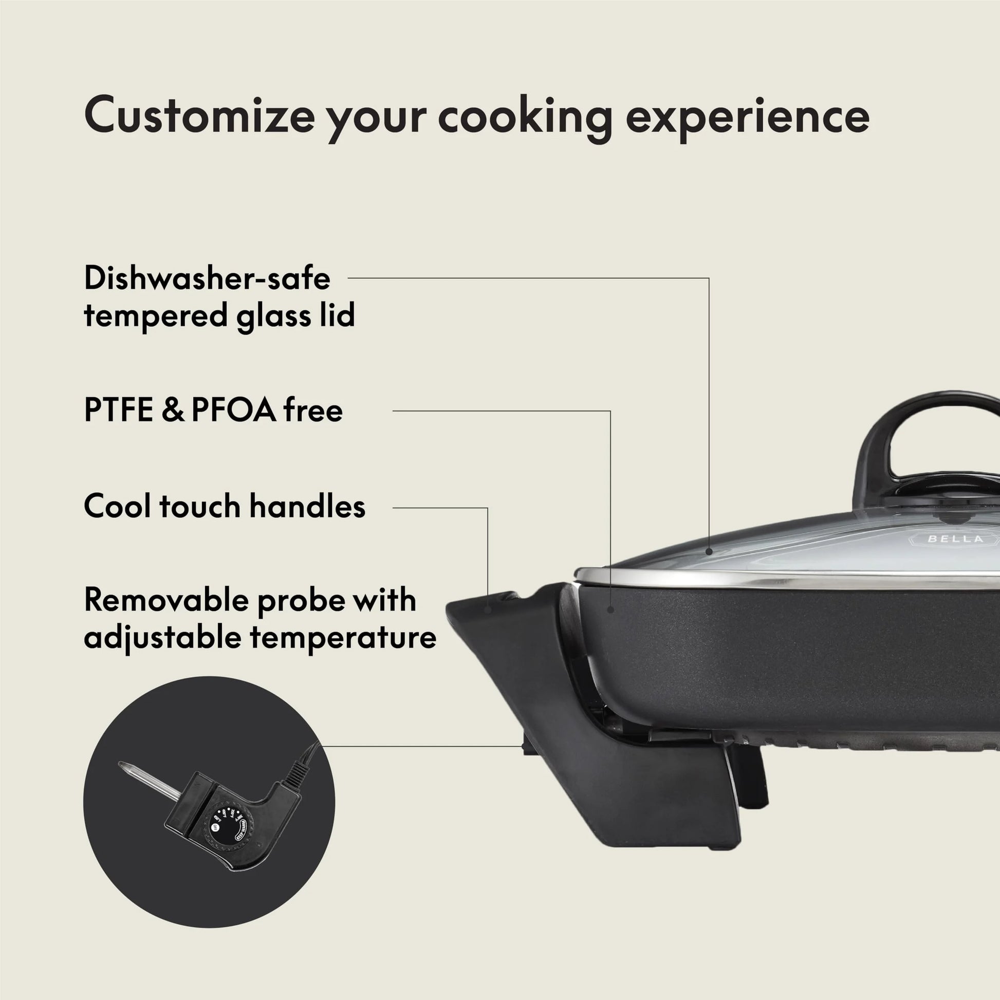 Copper Copper BELLA Electric Skillet and Frying Pan with Glass Lid, Nonstick Coating, Cool Touch Handles, Removable Heating Probe, Dishwasher Safe, 12 x 12 inch, Copper, Good Condition condition - View 6