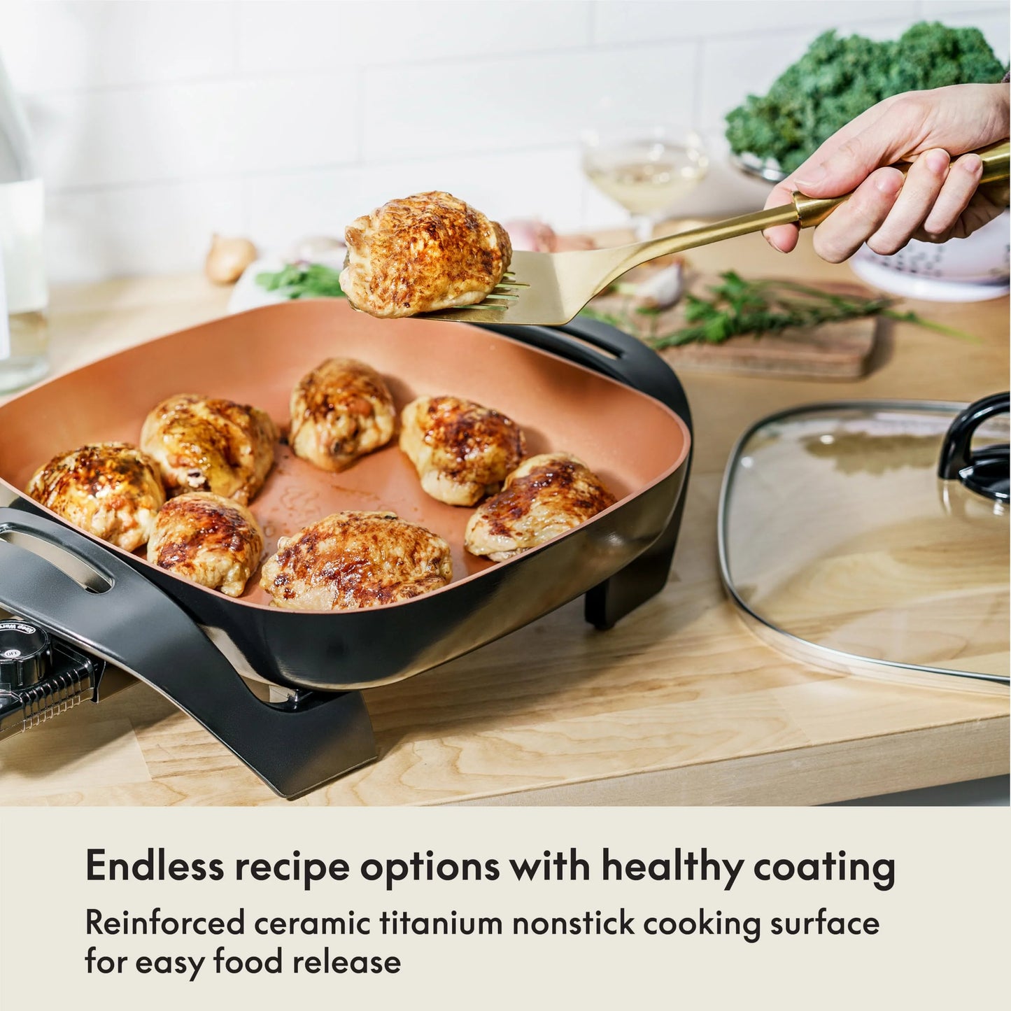 Copper Copper BELLA Electric Skillet and Frying Pan with Glass Lid, Nonstick Coating, Cool Touch Handles, Removable Heating Probe, Dishwasher Safe, 12 x 12 inch, Copper, Good Condition condition - View 7