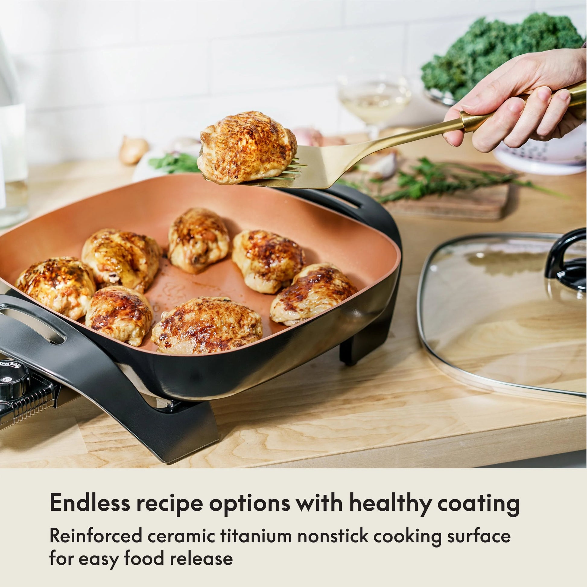 Copper Copper BELLA Electric Skillet and Frying Pan with Glass Lid, Nonstick Coating, Cool Touch Handles, Removable Heating Probe, Dishwasher Safe, 12 x 12 inch, Copper, Good Condition condition - View 7