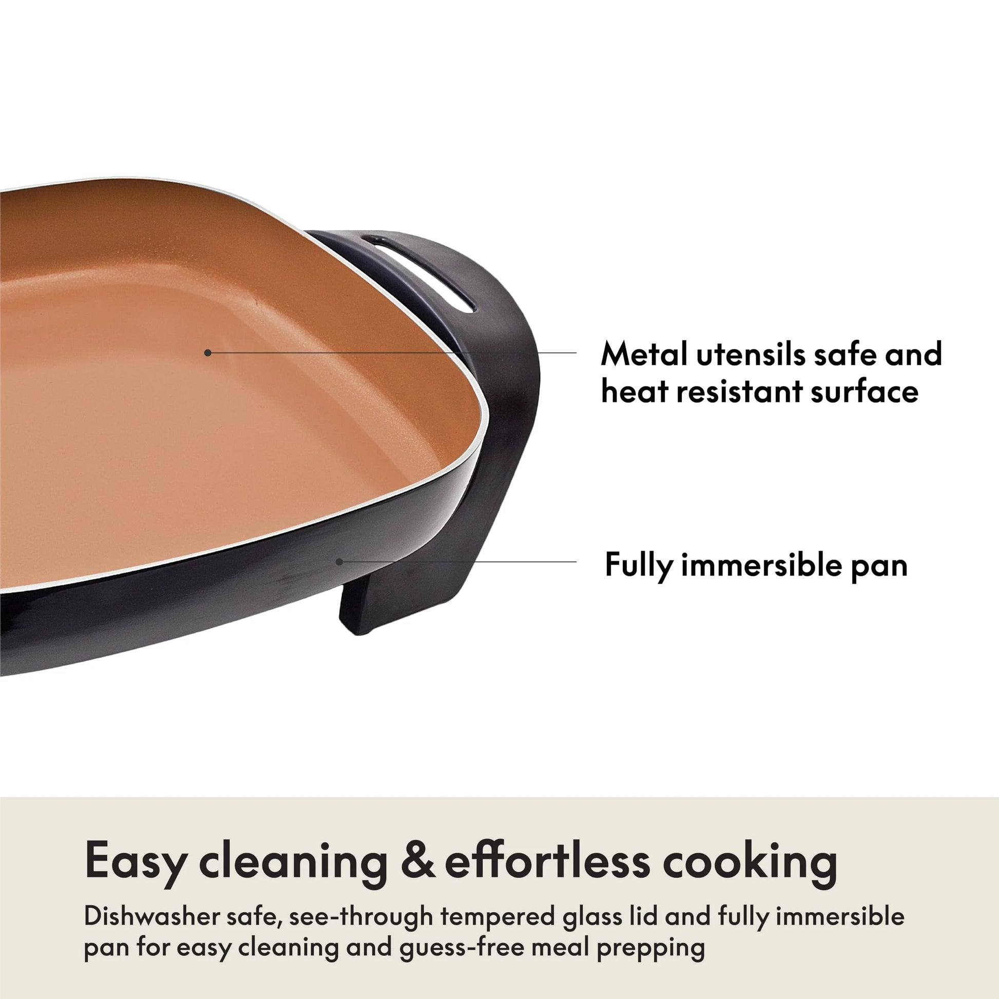 Copper Copper BELLA Electric Skillet and Frying Pan with Glass Lid, Nonstick Coating, Cool Touch Handles, Removable Heating Probe, Dishwasher Safe, 12 x 12 inch, Copper, Good Condition condition - View 8