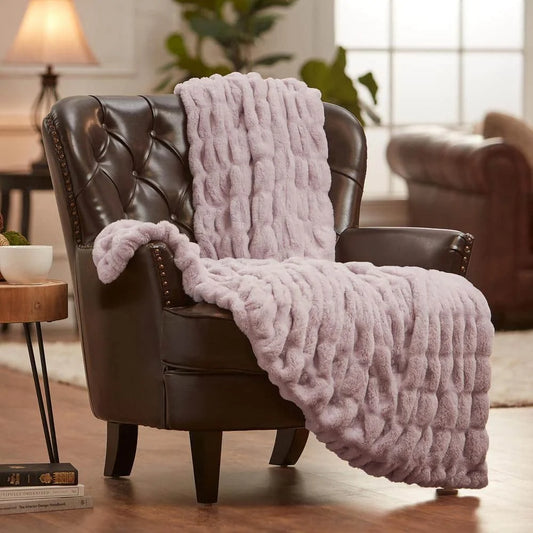 Chanasya Ruched Royal Faux Fur Throw Blanket - Tan Rose - View 1