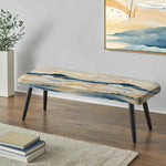 Coastal Landscape Minimal In Blue - Boho Upholstered Black Bench