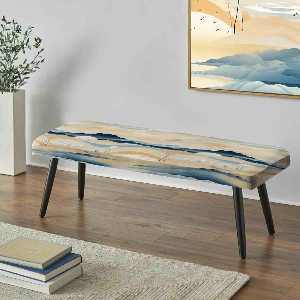 Black, Blue Upholstery, Wood Coastal Landscape Minimal In Blue - Boho Upholstered Black Bench, Good Condition condition - View 1