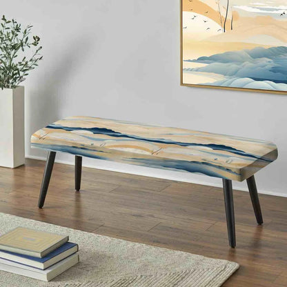 Black, Blue Upholstery, Wood Coastal Landscape Minimal In Blue - Boho Upholstered Black Bench, Good Condition condition - View 1