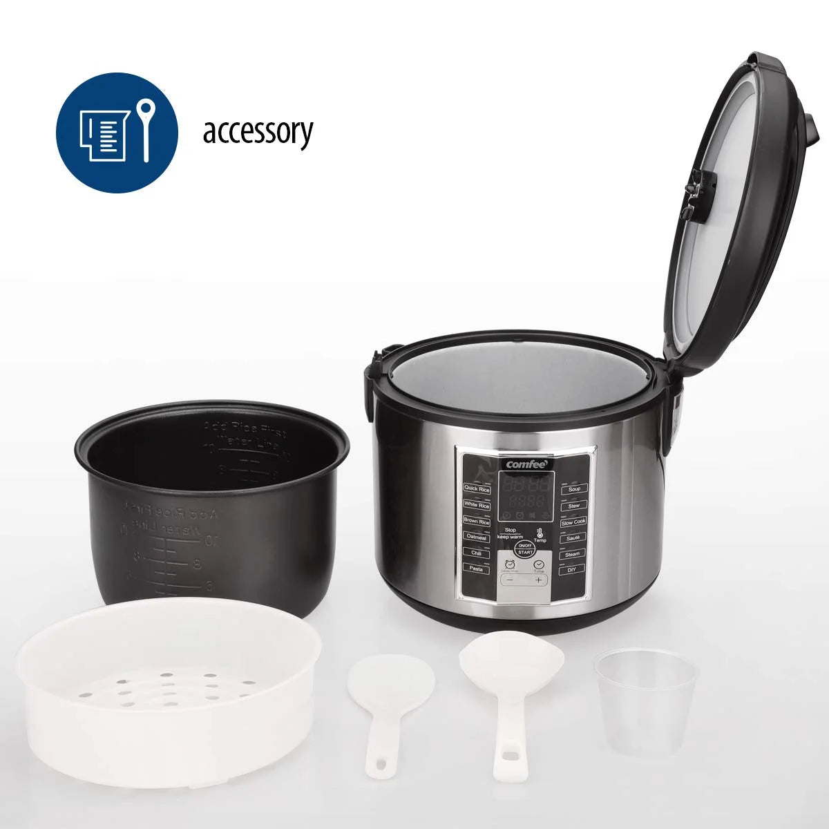 Black/Silver Mixed COMFEE' Rice Cooker, Slow Cooker, Steamer, Stewpot, Sauté All in One (12 Digital Cooking Programs) Multi Cooker (5.2Qt ) Large Capacity. 24 Hours Preset & Instant Keep Warm, Black/Silver (MB-M25), As Is condition - View 10
