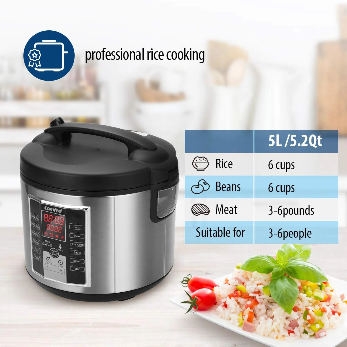 Black/Silver Mixed COMFEE' Rice Cooker, Slow Cooker, Steamer, Stewpot, Sauté All in One (12 Digital Cooking Programs) Multi Cooker (5.2Qt ) Large Capacity. 24 Hours Preset & Instant Keep Warm, Black/Silver (MB-M25), As Is condition - View 4
