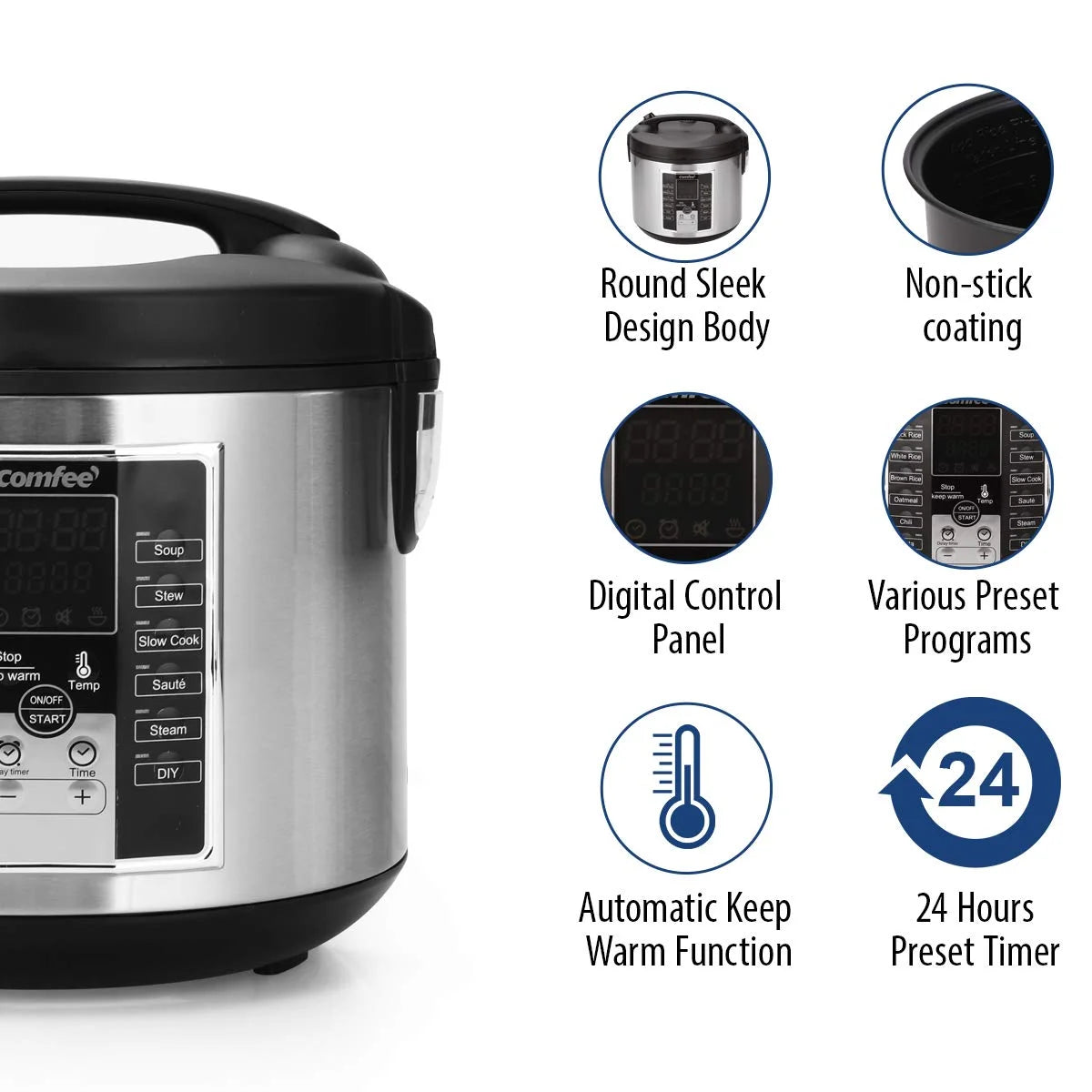 Black/Silver Mixed COMFEE' Rice Cooker, Slow Cooker, Steamer, Stewpot, Sauté All in One (12 Digital Cooking Programs) Multi Cooker (5.2Qt ) Large Capacity. 24 Hours Preset & Instant Keep Warm, Black/Silver (MB-M25), As Is condition - View 7