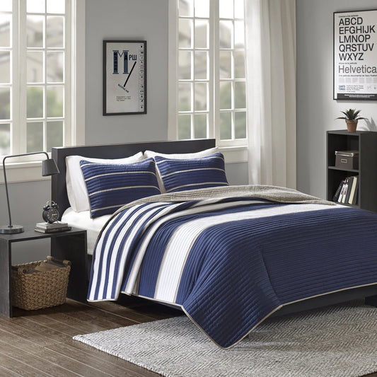 Comfort Spaces Quilt Set Trendy Casual Fun Full/Queen Verone White Blue Stripe 3 Piece - View 1