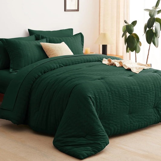 CozyLux Full Seersucker Comforter Set with Emerald Green Bed in a Bag 7-Piece - View 1