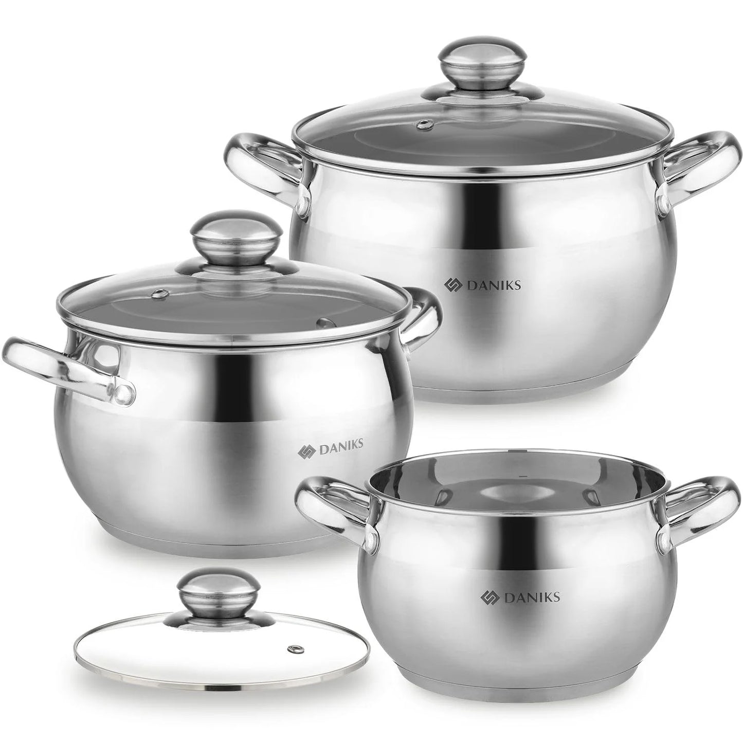Silver Stainless Steel Daniks Classic Stainless Steel Kitchen Induction Pot Cookware Set | 6-Piece | Dishwasher Safe Pots with Lid | 2 Quart + 3 Quart + 4 Quart | Measuring Scale | Silver, Good Condition condition - View 1