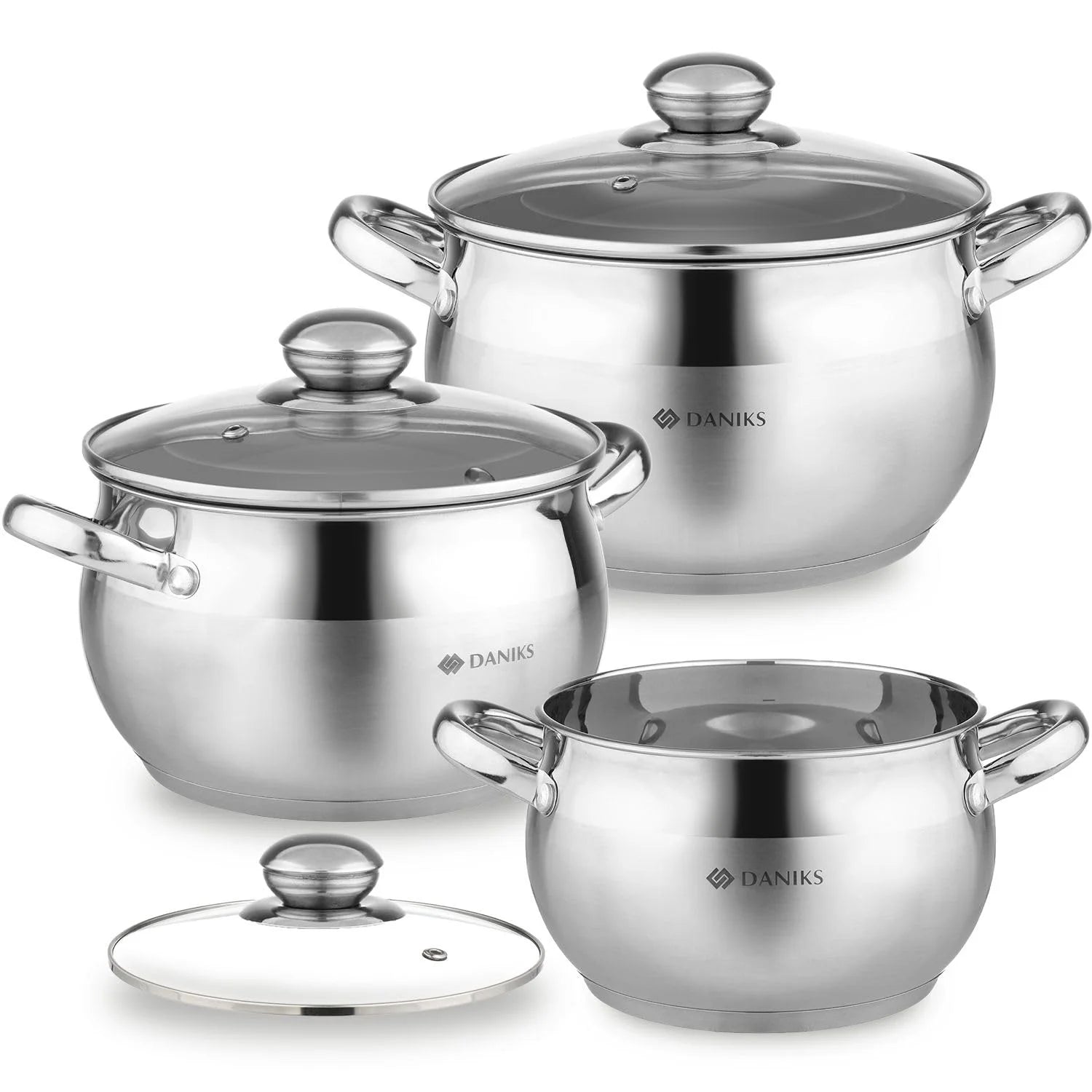 Silver Stainless Steel Daniks Classic Stainless Steel Kitchen Induction Pot Cookware Set | 6-Piece | Dishwasher Safe Pots with Lid | 2 Quart + 3 Quart + 4 Quart | Measuring Scale | Silver, Good Condition condition - View 1