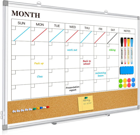 Double-Sided Magnetic Whiteboard Calendar with Cork Board - View 1
