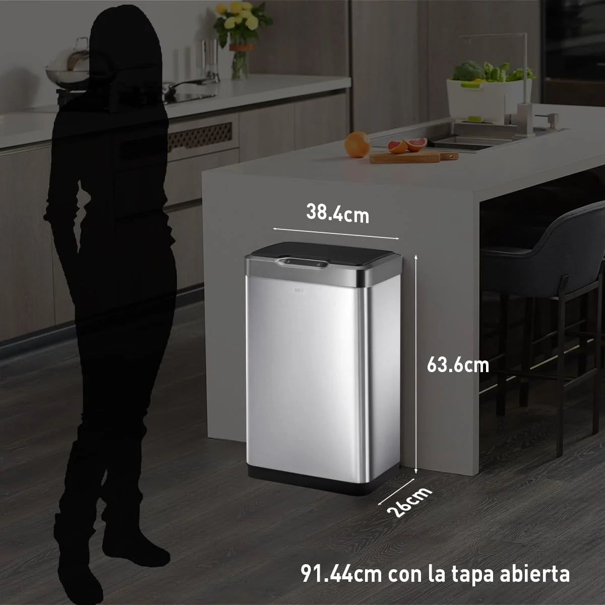 Brushed Stainless Steel Stainless Steel EKO Mirage-T 50 Liter / 13.2 Gallon Touchless Rectangular Motion Sensor Trash Can, Brushed Stainless Steel Finish, Good Condition condition - View 4
