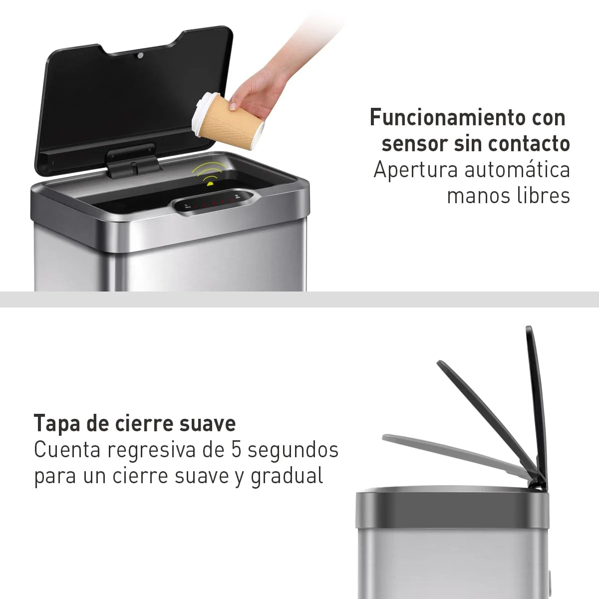 Brushed Stainless Steel Stainless Steel EKO Mirage-T 50 Liter / 13.2 Gallon Touchless Rectangular Motion Sensor Trash Can, Brushed Stainless Steel Finish, Good Condition condition - View 8
