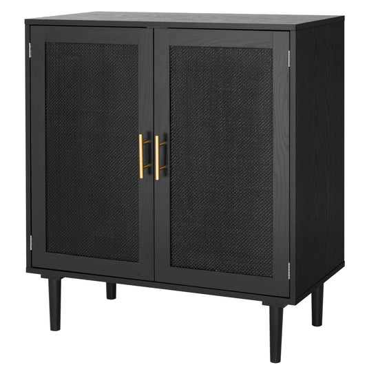 Finnhomy Sideboard Buffet Kitchen Storage Cabinet with Black Painted Rattan Decorated Doors, Black - View 1