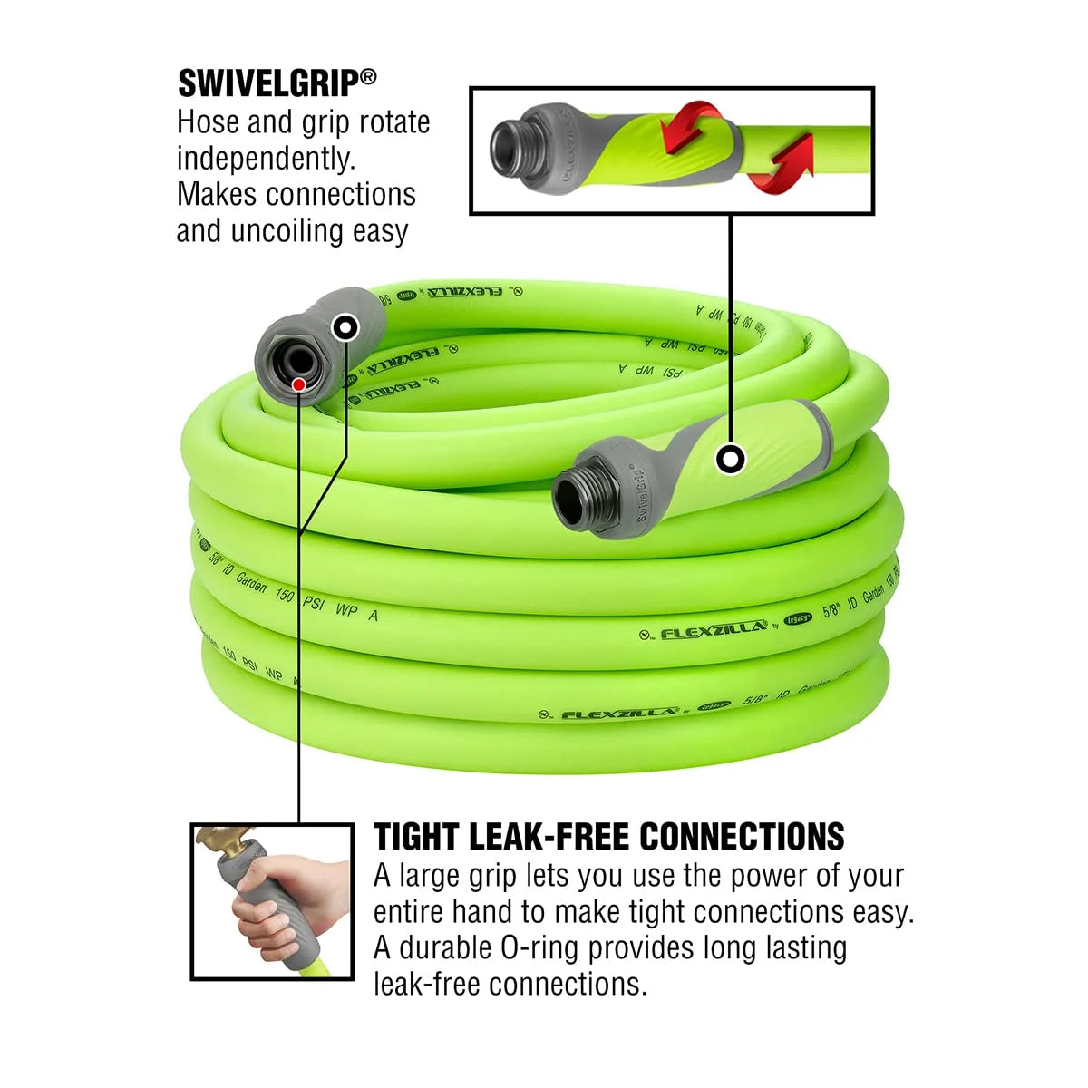 ZillaGreen PVC Flexzilla Garden Hose with SwivelGrip, 5/8 in. x 75 ft., Heavy Duty, Lightweight, Drinking Water Safe, ZillaGreen - HFZG575YWS-E, As Is condition - View 5