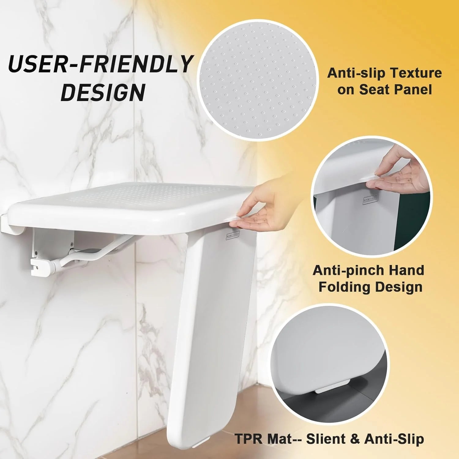 product ABS Folding Shower Chair Wall Mounted Fold Down Bath Seat Chair ABS 440LB Capacity Shower Bench for Elderly Disabled Pregnant Woman Medium, As Is condition - View 5