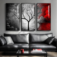 Framed Black and Red Wall Art for Living Room, Large Vertical 3 Piece Red Modern Artwork for Walls, Dark Academia Tree Pictures Prints for Bedroom Office Wall Decor