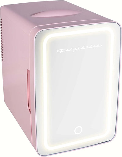 FRIGIDAIRE Mini Cooler, Portable Compact Personal LED Lighted Mirror Fridge, 6.5L Capacity Chills 9 Cans, 100% Freon-Free & Eco Friendly, for Makeup, Skincare, 12" D x 8" W x 12" H (Pink)