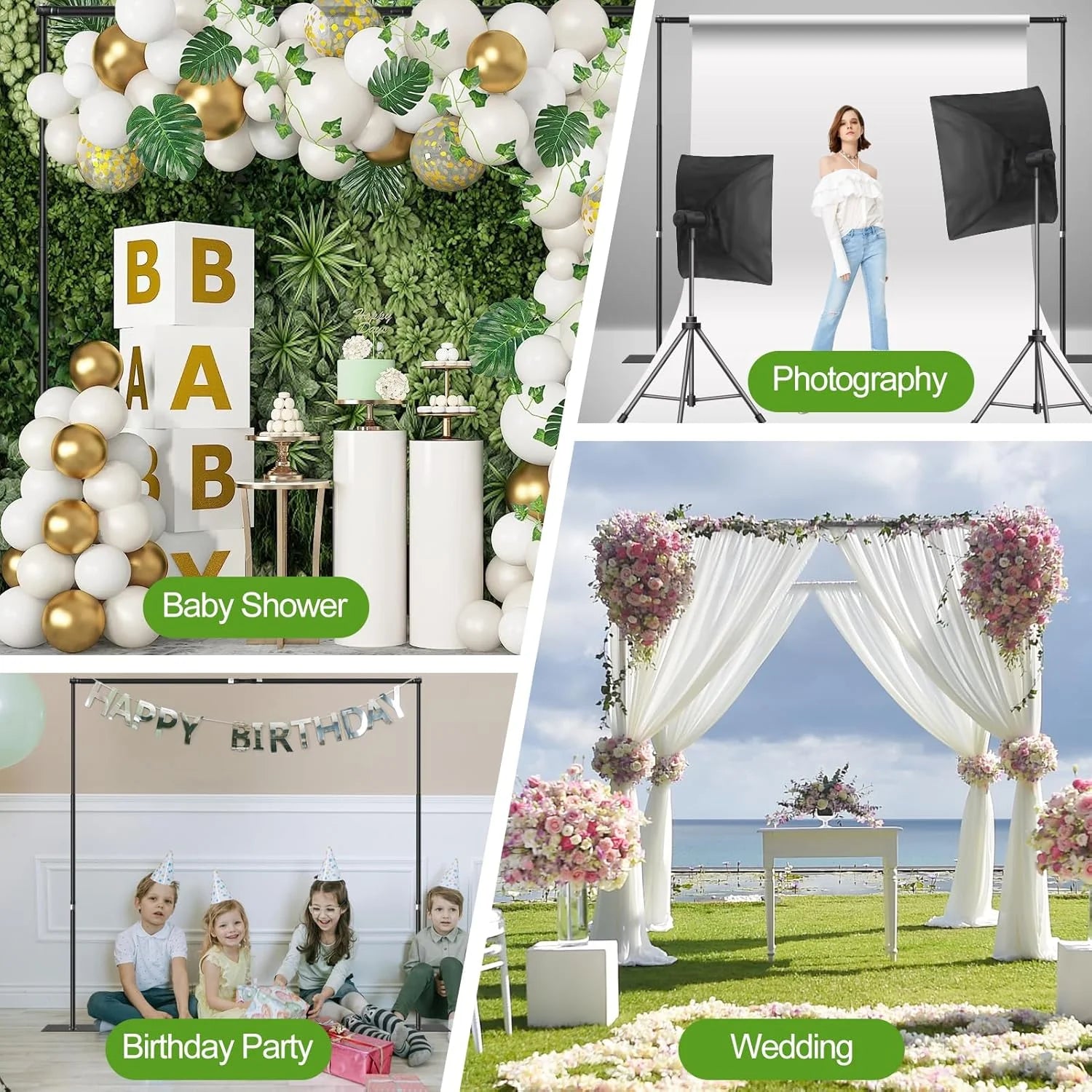 Black Metal FUDESY Backdrop Stand Heavy Duty, 10x10ft Adjustable Photo Background Pipe and Drape Backdrop Stand Kit with Metal Base for Photography Parties Birthday Video Studio, Good Condition condition - View 9