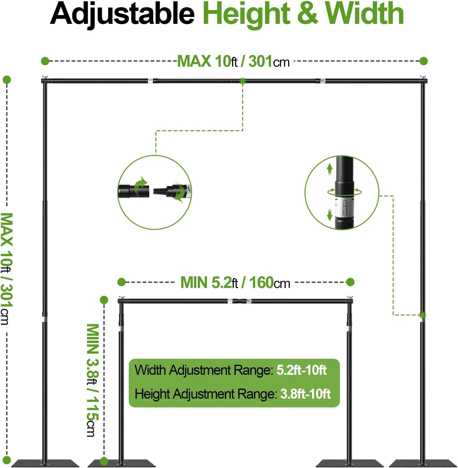 Black Metal FUDESY Backdrop Stand Heavy Duty, 10x10ft Adjustable Photo Background Pipe and Drape Backdrop Stand Kit with Metal Base for Photography Parties Birthday Video Studio, Good Condition condition - View 4