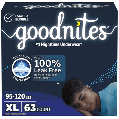 Goodnites Boys' Nighttime Bedwetting Underwear, Size Extra Large (95-140+ lbs), 63 Ct (3 Packs of 21), Packaging May Vary