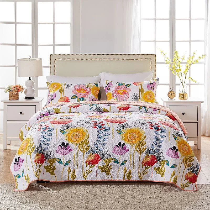 Pink/Orange/White Cotton Microfiber Greenland Home Fashions 3pc Full/Queen Watercolor Dream Quilt & Sham Set Pink/Orange/White: Cotton Microfiber Coverlet Set, Brand New condition - View 1