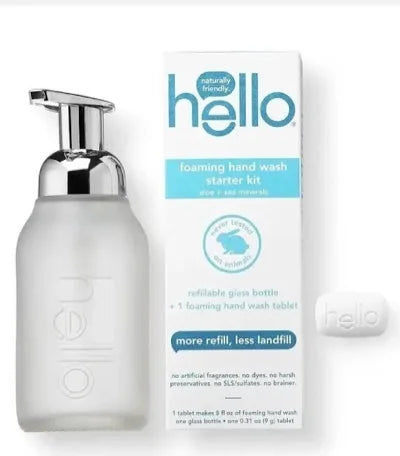 hello Foaming Hand Soap Tablet Starter Kit Refillable Glass Bottle with 1 Aloe & Sea Minerals Foaming Hand Soap Tablet Refill Hand Soap Eco Friendly Plastic-Free Vegan & SLS Free